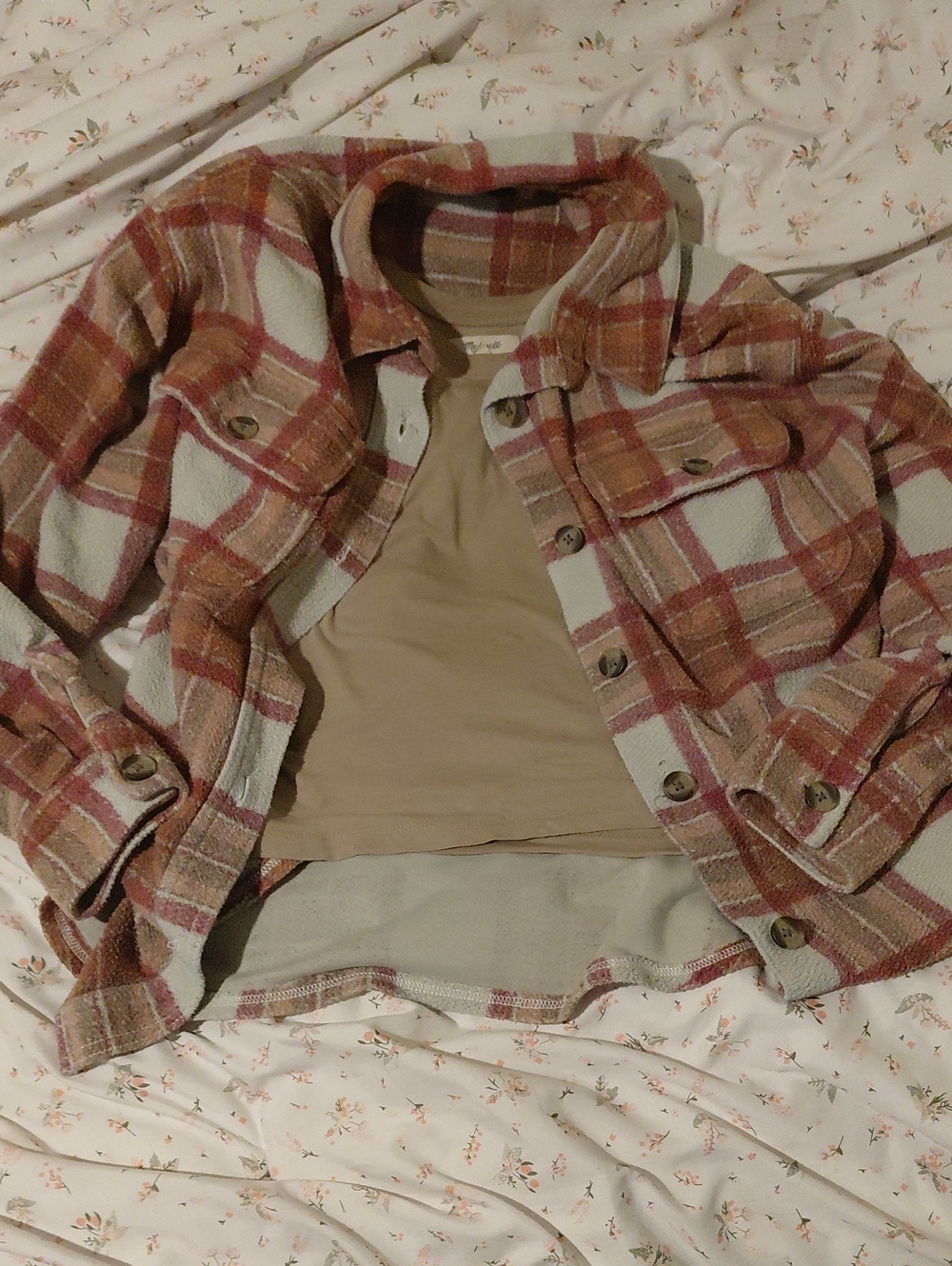 American Eagle Outfitters Women's Teddy Plaid Jacket in Cream, Brown and Pink